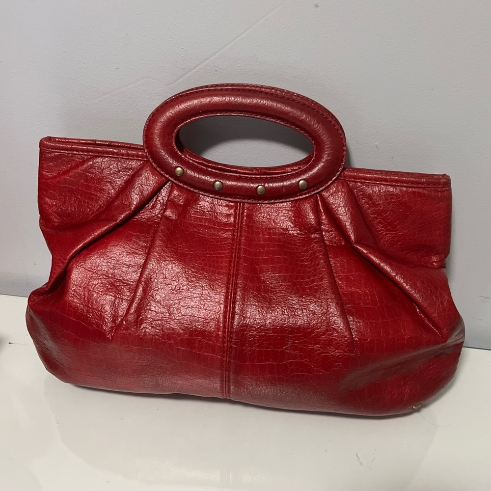LOFT Red Faux Leather Hobo Clutch with Oval Handles